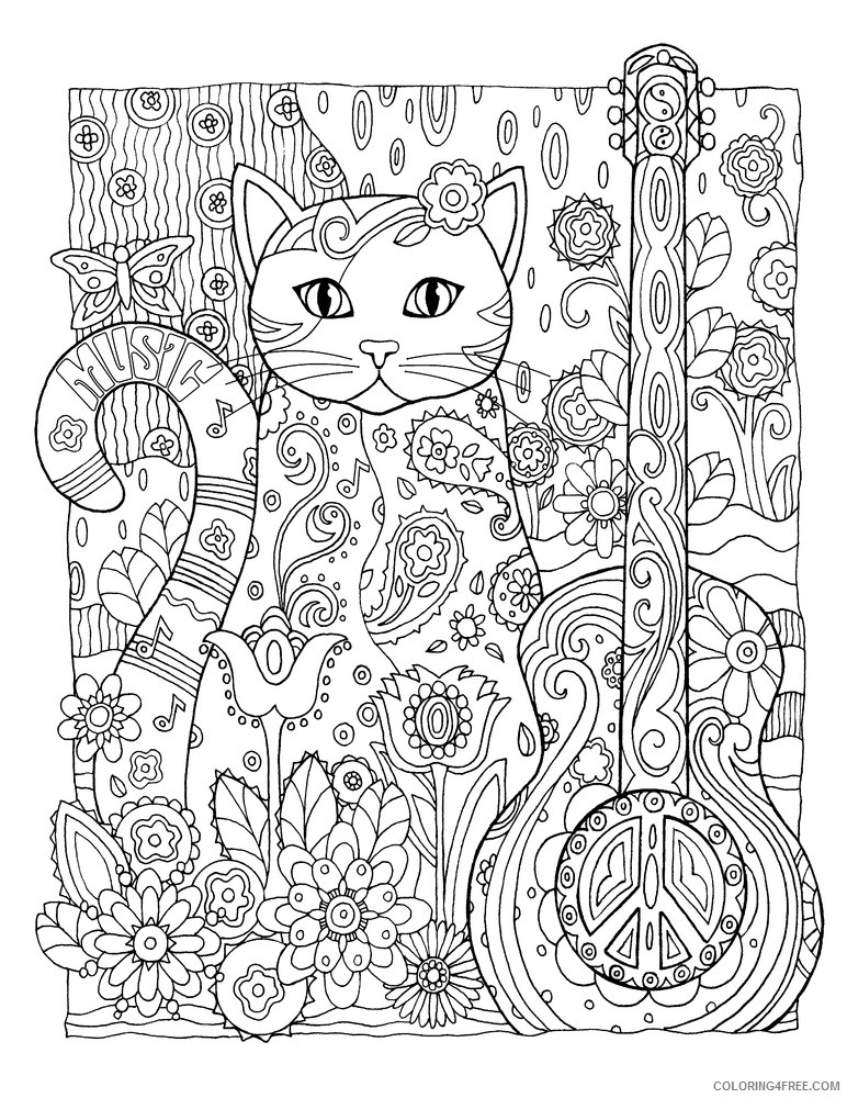 adult coloring pages cat and guitar Coloring4free