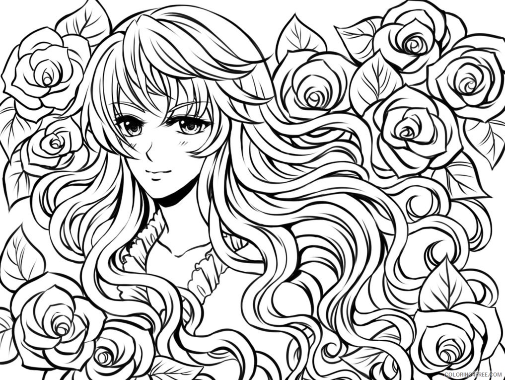 complex coloring pages anime girl and flowers Coloring4free