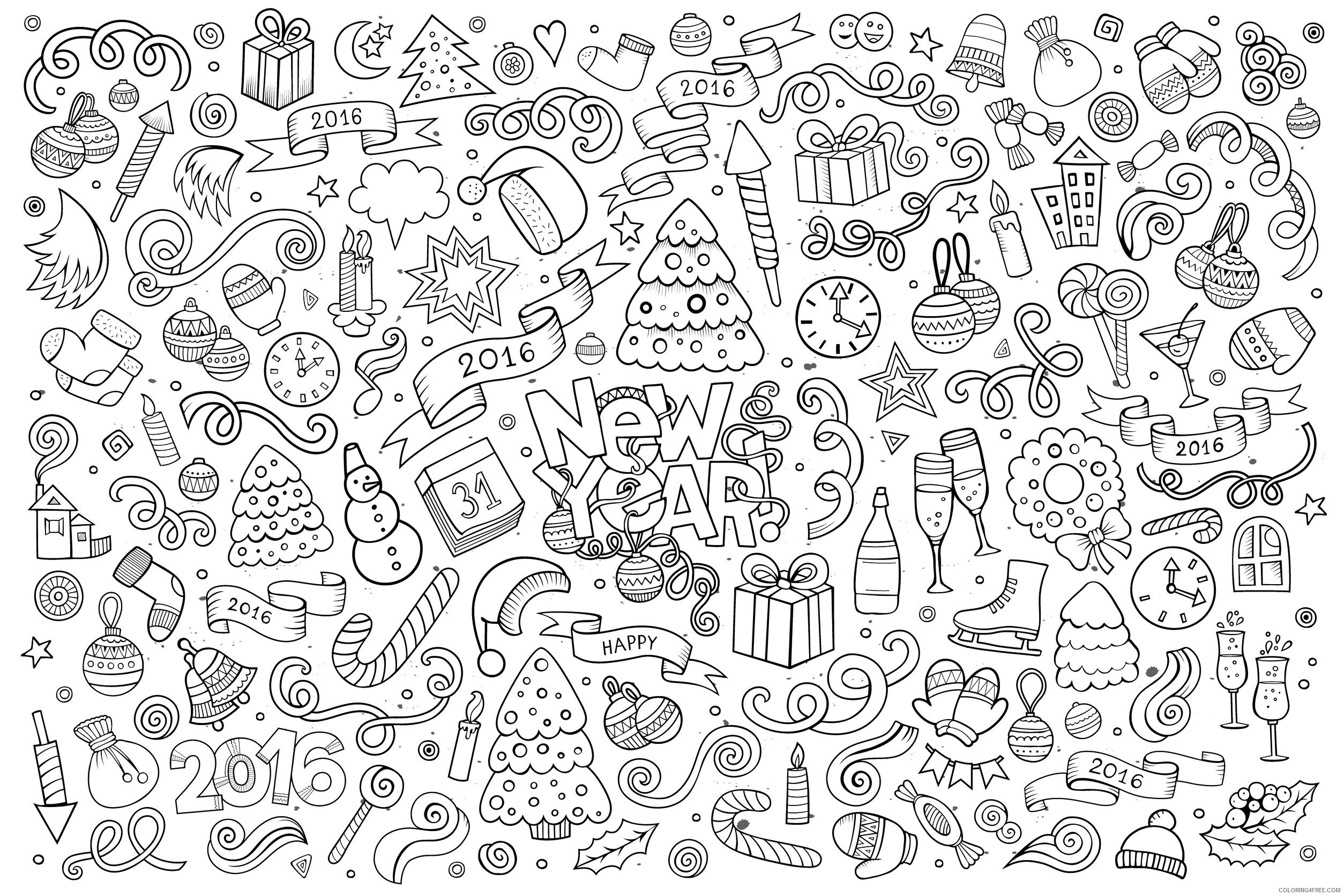 doodle coloring pages new year Coloring4free