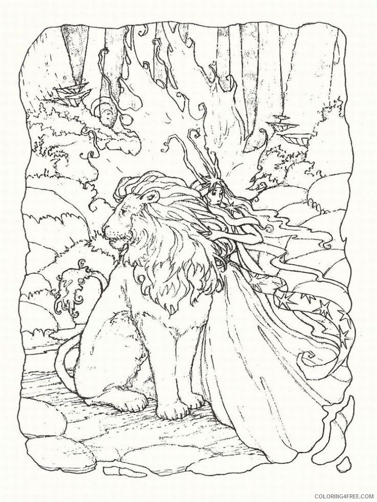 fantasy coloring pages lion and fairy Coloring4free