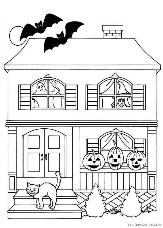 haunted house coloring pages with pumpkins cat bats Coloring4free