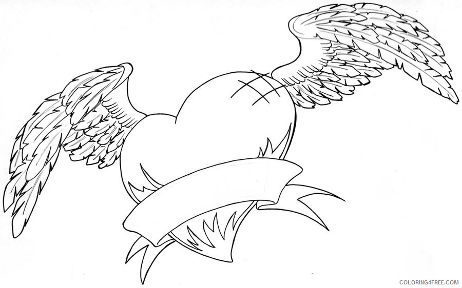 heart coloring pages with wings and ribbon Coloring4free