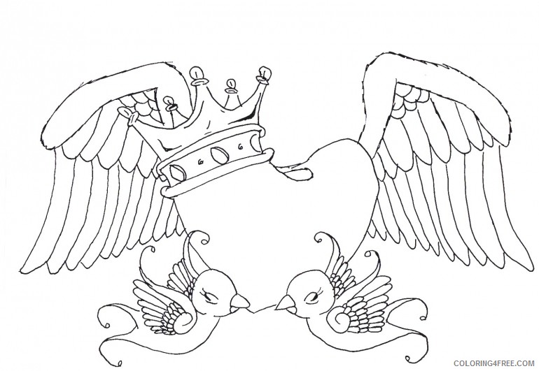 heart with wings coloring pages crown and birds Coloring4free