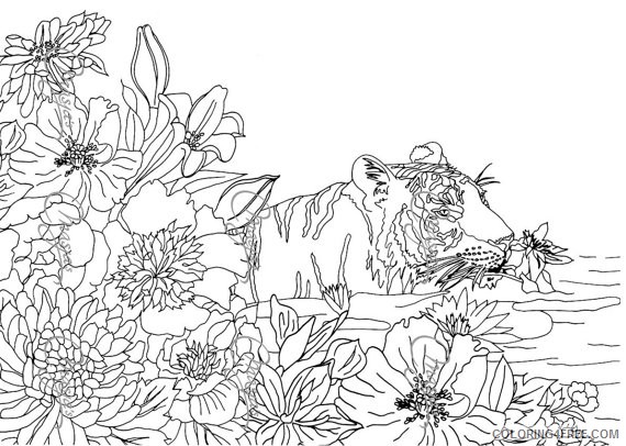 nature coloring pages flowers and tiger Coloring4free