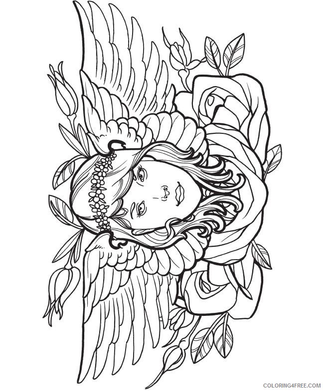 tattoo coloring pages girl with wings and rose Coloring4free