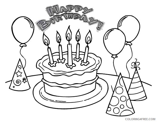 birthday cake coloring pages with balloons and hats Coloring4free