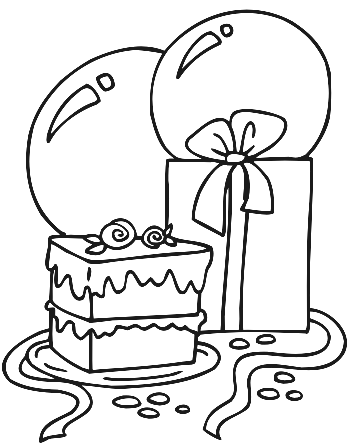birthday cake coloring pages with gift and balloons Coloring4free