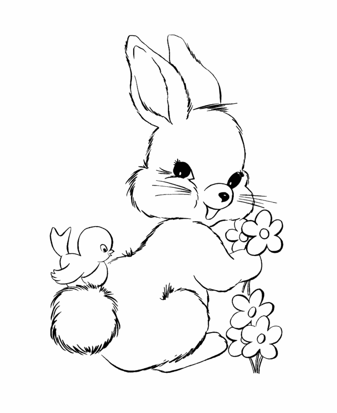 bunny coloring pages with bird and flowers Coloring4free