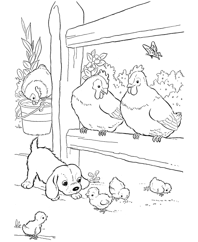 chicken coloring pages with puppy in farm Coloring4free