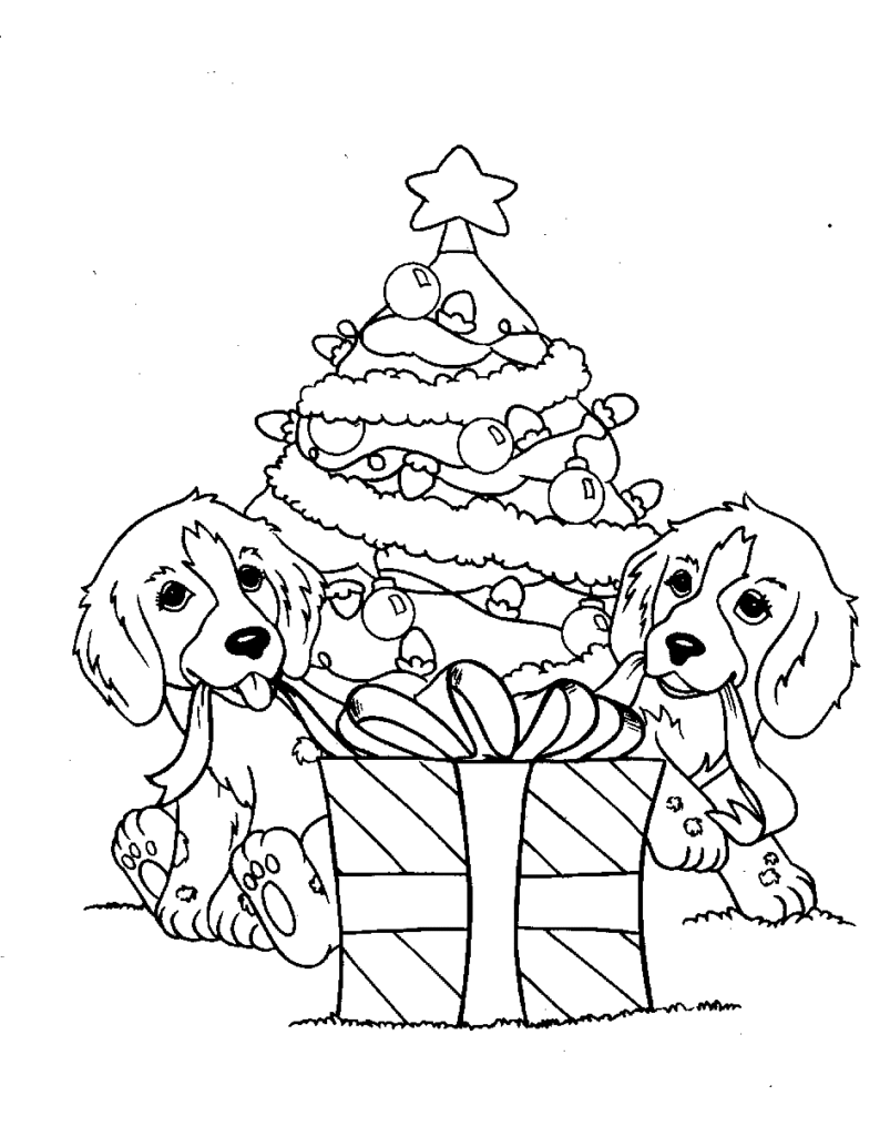 dog coloring pages christmas tree and gift Coloring4free