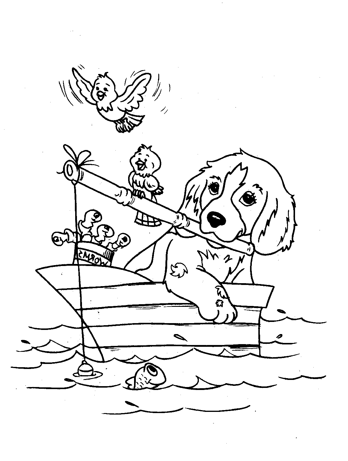 dog coloring pages fishing with birds Coloring4free