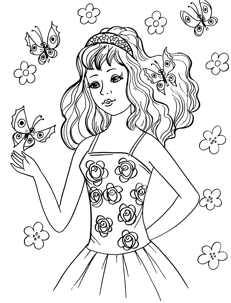 girls coloring pages with butterfly and flowers Coloring4free