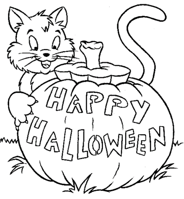 happy halloween coloring pages cat and pumpkin Coloring4free