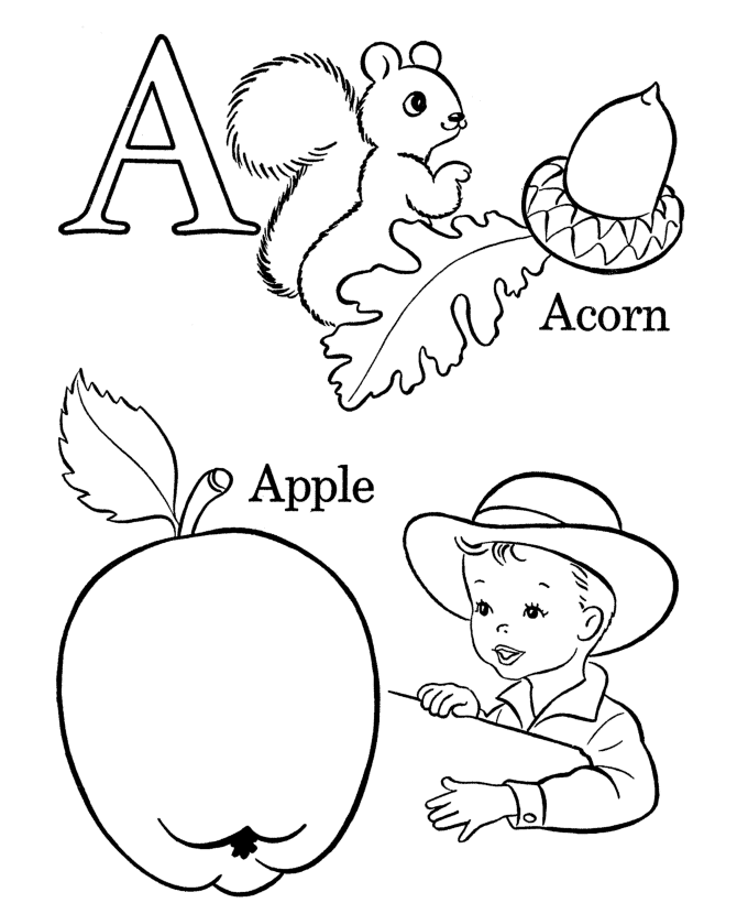 letter a coloring pages accorn and apple Coloring4free