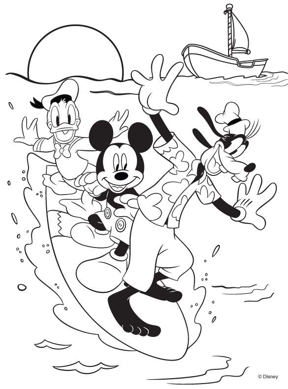 mickey mouse coloring pages donald goofy surfing Coloring4free