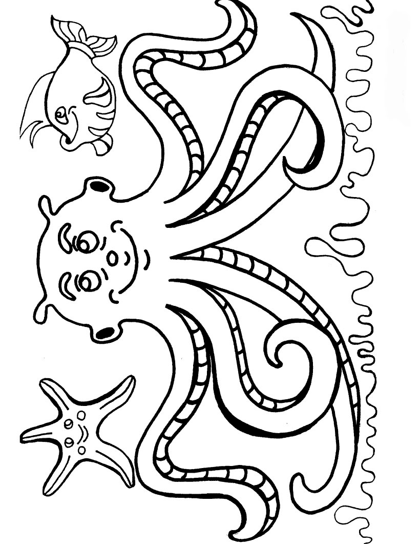 octopus coloring pages with fish and starfish Coloring4free