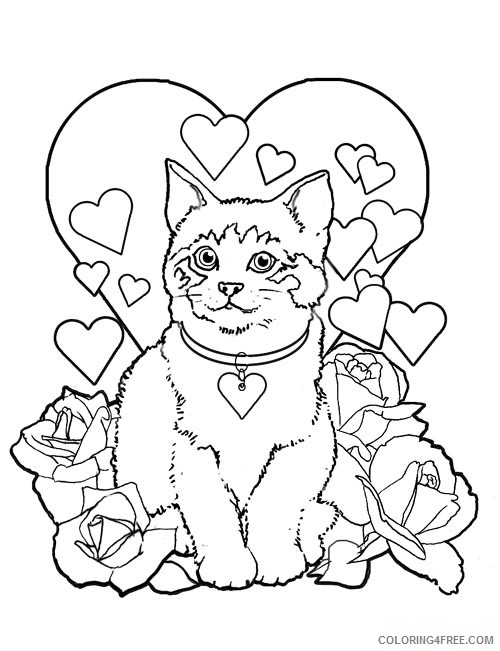 pretty coloring pages cat roses and hearts Coloring4free