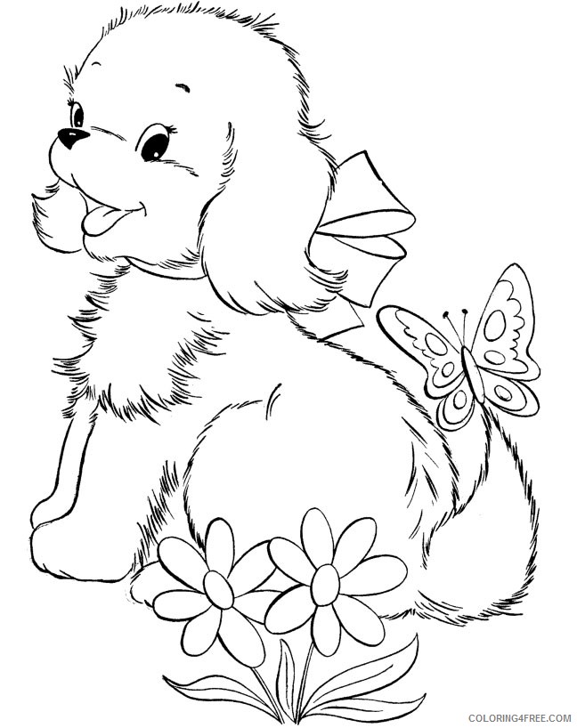 puppies coloring pages with flowers and butterfly Coloring4free