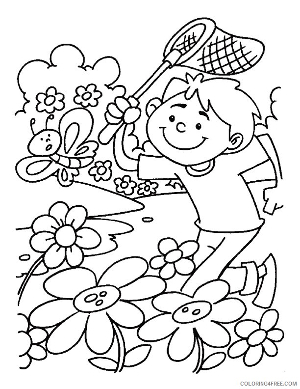 spring coloring pages boy catching butterfly Coloring4free