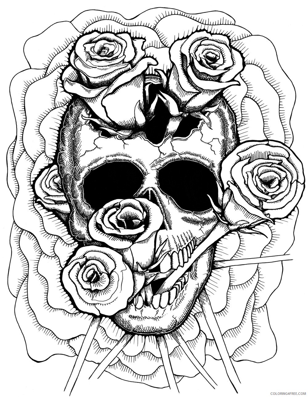trippy coloring pages skull and roses Coloring4free